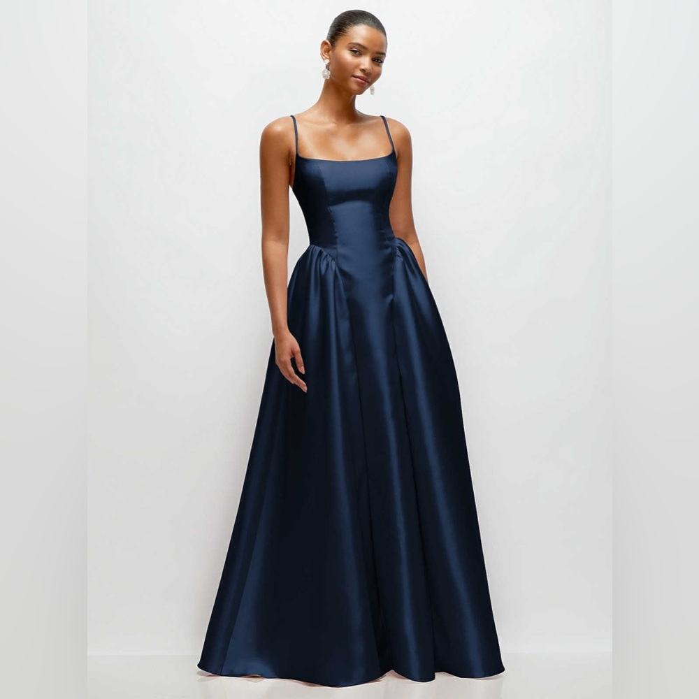 SCOOP NECK DROP BASQUE SKIRT SATIN MAXI DRESS WITH POCKETS IN MIDNIGHT NAVY